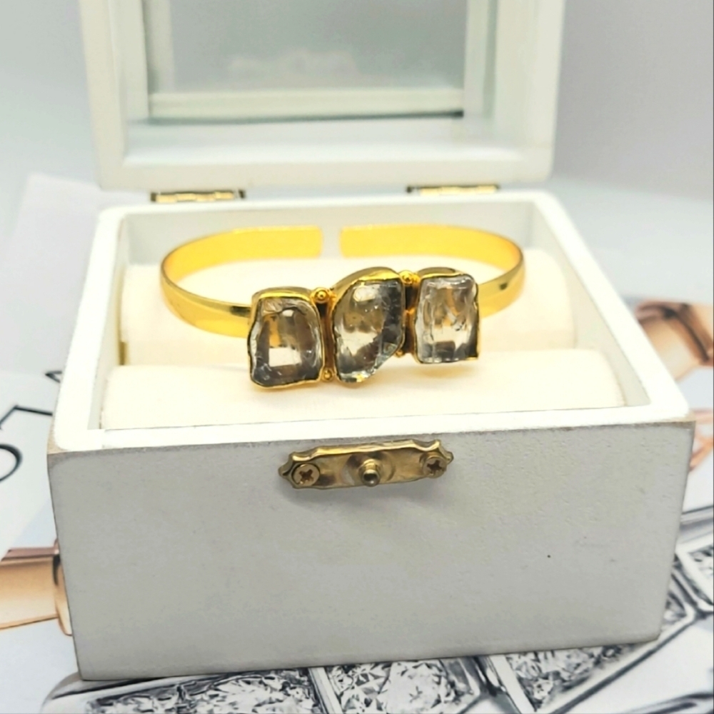 Vintage Clear Free-form Triple Rough Crystal Gemstone Gold Cuff Bracelet